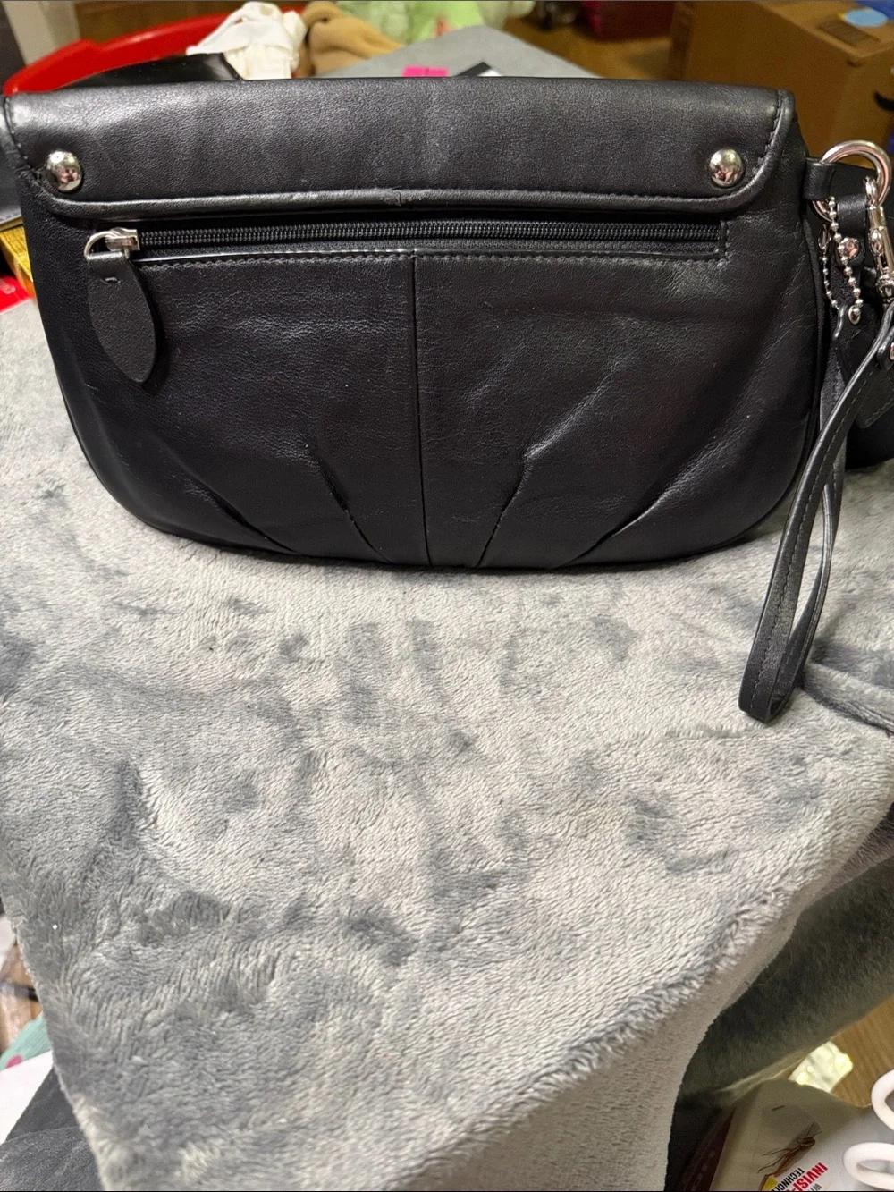 Coach Bleecker Black Leather Gathered/Pleated Flap Wristlet Clutch
